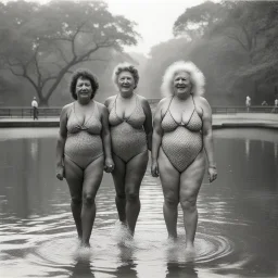 [photo by Diane Arbus] two very different middle age ladies in wearing swimsuits caught in a heavy summer rain in central park, happy with no inhibitions