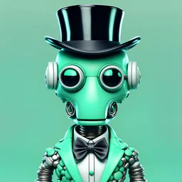 realistic digital art, kawaii robot wearing a monocle, monocle, top hat, rich, mint green, isolated, brutalist, postmodern, web3 nft, pfp