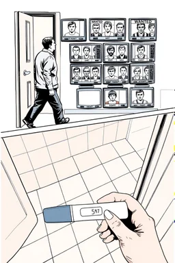 uncolored comic book page: top panel(man on his way out the door walks past a display of televisions on which a bulletin of wanted criminals mugshots appears, higher over the shoulder camera perspective), bottom panel(pov a woman's hand holding a pregnancy test that shows a positive result, tile floor below), panels divided at a 30 degree angle