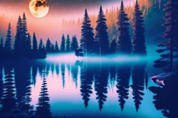 Night, moon, mist, cabin?, pine trees, lagoon reflection, rocks, rocks, sci-fi, epic