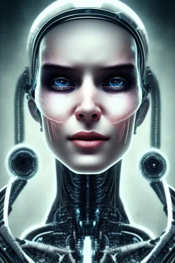 cyberpunk, head, smile women, portrai, face cry, black eyes, tron, cyborg, robot, cyborg, white hair, seven , perfekt, real, dream, hr giger