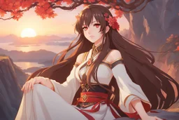 woman with long brown hair, red eyes, pale skin, highly detailed, intricate background, intricate face, sitting on a cliff during sunset, contemplative, anime style, Genshin Impact inspired, wears a Genshin Impact pyro vision amulet, dynamic composition