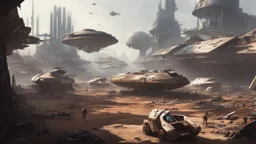 ground-level futuristic sci-fi clearing in a scrap yard for spaceships, surrounded by broken and rusty space ships and buildings, star wars