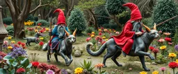 blue and red clothed gnomes riding cats with lances in garden of eden in the style of Escher and Giger