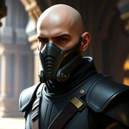 star wars bald male corellian jedi wearing gunmetal grey and black old republic armored flightsuit and breath mask with gold and metallic red trim inside the jedi temple, centered head and shoulders portrait, hyperdetailed, dynamic lighting, hyperdetailed background, 8k resolution, volumetric lighting, light skin, fully symmetric details