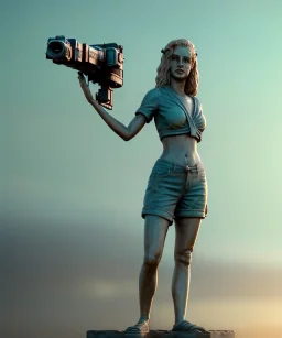 Statue of Queen of photography holding camera in hands. Cute blonde woman. Photographer in golden crown. Standing on the street. Big camera in her hand. hyperdetailed, photorealistic, trending on artstation, greg rutkowski, beksinski, kodachrome, volumetric lighting, gold and cyan