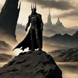 Sauron the mighty lord of darkness standing on a rock in the dark land of Mordor,A superhero MAN with infinite power and technology from the galactic race,with great army