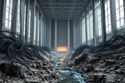 Photograph, a mass of wires, giant museum space, building, pillars, high walls, schermi di computer, high towers in a room, brook, sediments, deflagration of the background, geological formation, light, architecture, minimalist, details of the terrain very accentuated, 8k, deep 3d field, sharp, brutalist, hasselblad h6d400c --ar 85:128 --v 6.0