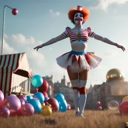 Ultra realistic circus scene. clown sweet woman, waist up view, Wes Anderson style, happy, bubbles, highly detailed, concept art, unreal engine 5, god rays, ray tracing, RTX, lumen lighting, ultra detail, volumetric lighting, 3d, finely drawn, high definition, high resolution.