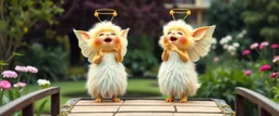 two totally symmetric fluffy angel gremlin slug nice cheerleader singing on bridge in garden , full body portrait T-pose