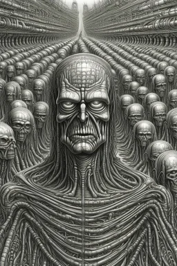A field of thousands hands and heads inside , a thin line draw ،front view camera, surreal horror, biomechanical design, by hr giger and beksinski , Busch painting style