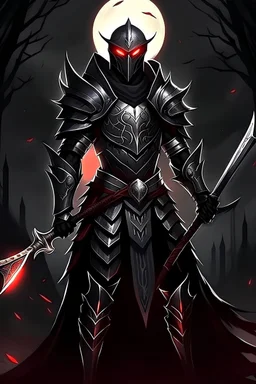 Anime style Dark Shadow Oathbreaker paladin red eyes with spear and shield with mysterious dark smokey background