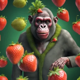 An amusing parody, an old, decomposing zombie witch Gorilla strawberry with pixie-cut hair, wearing rotting clothes, 4k, 8k, 32k UHD, Hyper realistic, extremely colorful, vibrant, photorealistic, realistic, sharp, highly detailed, professional quality,