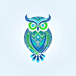 Design a logo that combines an owl and a circuit pattern or data stream, symbolizing a fusion of wisdom and advanced technology, ensuring a clean and modern aesthetic suitable for a tech company named "Whizdom.ai" using a color palette of [blue, green, white].