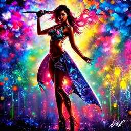 female figure Hardstyle DJ figure silhouette sexy cover pose with in background speakers, Hyperrealistic, splash art, concept art, intricately detailed, color depth, dramatic, colorful background, graffiti art, street art, spray paint, oil gouache melting, acrylic, high contrast, colorful polychromatic, ultra detailed, ultra quality, cinematic, atmospheric, moody,