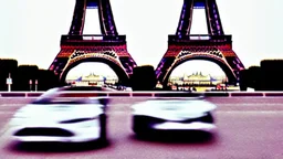 A Tesla's 'Model S Plaid' is racing at top speed, by the Eiffel Tower, in Paris. CINEMATIC. WIDE ANGLE LENS.