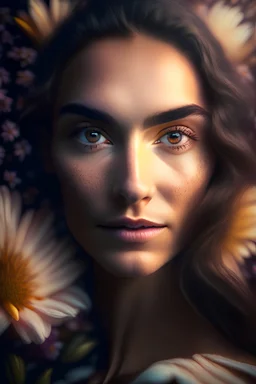 Vista frontal de um adorável mulher , fundo de flores, fotografia 8K, extremamente detalhada, HD, fotografia humana, iluminação cinematográfica, contraste suave