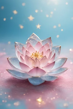 fiore di loto di cristallo trasparente su sfondo azzurro e rosa chiari con polvere di stelle dorata
