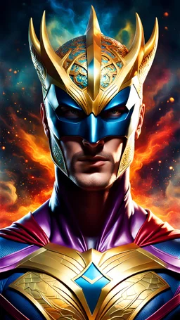 Full body ultra realistic image of superhero man with stylized dragon mask over his eyes and forehead, colorful, painting burst, beautiful symmetrical face, tone mapped, intricate, elegant, highly detailed, digital painting, concept art, smooth, sharp focus, illustration, full body