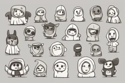 6 simple shaped hand drawn cartoon characters that are cute dark and have hoodies