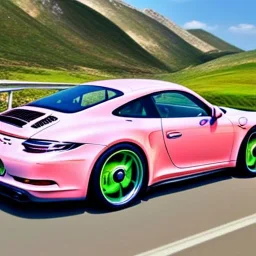 concept, art, high quality, sport car, porshe 911, 911, porshe on the nature, porshe pink color, porshe made of candies, landscape background, sunny, ultra high quality, realistic, cinematic, good weather, green nature, funny