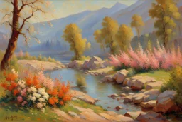 sunny day, mountains, river, rocks, flowers, trees, spring, henry luyten and auguste oleffe impressionism paintings