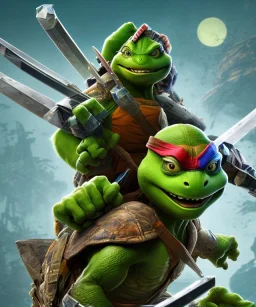 Detailed Teenage Mutant Ninja Turtle leonardo, big muscles, holding sword, blue fabric eyeband, full body close up, soft light atmosphere, light effect，vaporwave colorful, concept art, smooth, extremely sharp detail, finely tuned detail, ultra high definition, 8 k, unreal engine 5, ultra sharp focus