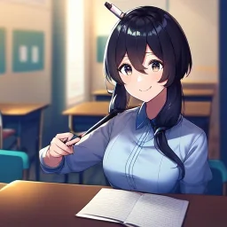 Clear focus, High resolution, a anime adult, cute, cartoony style, smiling, hair between eyes, holding a pencil, small forhead, female, medium length hair, long locks, lots of bangs, teacher