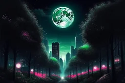 city, sci-fi, night, moon, trees, flowers, gary numan influence