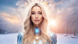 Photo realistic portrait of a gorgeous smiling skinny euro-asian goddess with a golden dark shining skin, long smooth blonde hair, blue eyes, in a sci-fi outfit with luminous strikes blowing a kiss in a snowy wood, a futuristic crystal palace with cupulas, sunrays through the branches at sunset, particles in the air in winter. Intricated details,