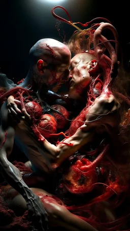 cinematic gore photorealistic fleshy quantum vortex dmt lsd photo of 2 conjoined mangled bodies making love, 1 soul vortex, complementary, anatomically fragmented, ripped apart again being flayed, skinned alive. A beating heart, muscles, blood vessels, bowels, entrails are exposed. anatomy. physiology. Bosch and Dali inspired hallucinations. mythology. grotesque.