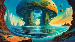 create a wildly abstract and chaotic illustration of an inter-dimensional portal to the highly detailed lost antediluvian civilization of Atlantis, utilizing fluid organic shapes, painted in the style of Roger Dean, finely textured, , colored, and inked