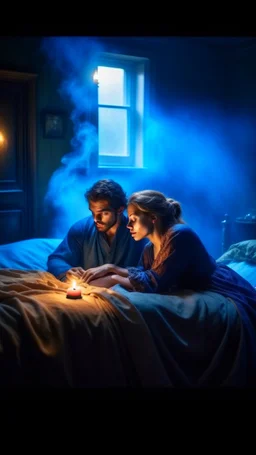 Remy Cogghe painting style, a trajectory a man holding his woman she is dying , she is laying down on bed in a foggy smoky background, in dark room with a dim candles light and a open window outside light , 4k, high quality photography