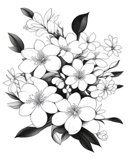 Jasmine Flower bunch coloring page white background, black and white onlyb outline