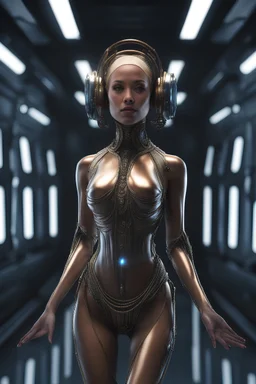 A science-Fiction Space Opera - A long time ago in a galaxy far, far away there lived a tiny, thin, slender, little woman named Petra Payton, a voluptuous beauty , inspired by all the works of art in the world, Absolute Reality, Reality engine, Realistic stock photo 1080p, 32k UHD, Hyper realistic, photorealistic, well-shaped, perfect figure, perfect face, laughing, a multicolored, watercolor stained, wall in the background,