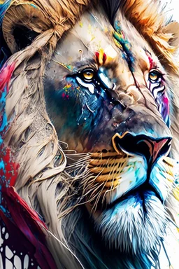 "lion", clean design, epic Instagram, art station, splash of colorful paint, contour, ((solid white background)), closeup, looking into camera, hyperdetailed intricately detailed, unreal engine, fantastical, cinema lighting, intricate detail, splash screen, complementary colors, fantasy concept art, 8k resolution, DeviantArt masterpiece, watercolor, paint dripping