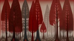 A grayish red forest with axe shaped trees designed in Mehndi design