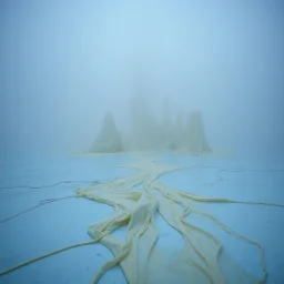 Fotografia di una superficie piatta di colore azzurro chiaro e giallo pastello, su cui si ergono surreali strutture di forma astratta, ricoperte da materiale plastico di colori pastello, che scende a terra. Yves Tanguy. Nebbia, oscurità, paranoic, obsessive, nightmare, notte, glossy, surreal, hasselblad h6d400c --ar 85:128 --v 6.