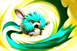 cute dust bunny fizzgig being swept into a magical wind vortex, fluffy gray detailed fur texture, dirty, oversized expressive eyes, open mouth panic fearful expression, dynamic diagonal motion pose, limbs reaching forward, body tilted in perspective, sense of speed and motion, flowing translucent teal and aqua wind ribbons, spiraling air currents forming a curved arc, soft tornado funnel in the top corner, painterly semi-transparent wind, 3d puppet