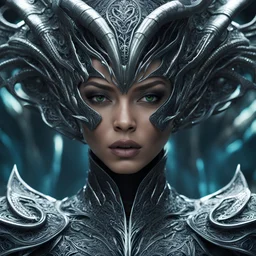 a close up of a person wearing a costume, from the tusk movie, wakanda background, dragon design language, psytrance and giger, female occultist, filigree, still from the movie, queen of the jungle, promotional image, anthropomorphized, face shown, cgsociety )