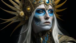 The image features a person with an elaborate makeup and costume that gives them an otherworldly appearance. They have pale skin, long white hair, and pointed ears. Their facial features are accentuated by gold and blue makeup, which includes intricate designs around their eyes and on their forehead. The individual is wearing a headdress with a spike-like design that adds to the fantastical look. They are also adorned in a costume with gold and blue elements, featuring what appears to be scales