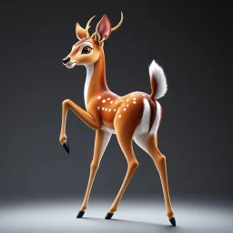 full body of an adult bald white tail deer, sultry, seductive, standing with a front leg lifted. with big smile, looking back, and big eyes looking back , tail upward, on flat background, in the style of 'My Little Pony' and Bambi, fantastic lighting