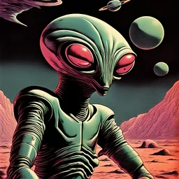High quality grey Alien Art, frank Herbert, José Arias. Creature Concept Art. Spectrum Society chromatic aberration, retrofuturism, vintage sci-fi illustration, weird space alien print, surrealist french art, eerie, 70s sci-fi art, creepy cutout style , watercolors, pulp fiction art style