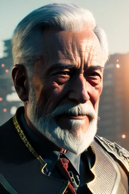 Old man Cyborg anime warrior, grey hair, trimmed grey beard,brown eyes, waist up portrait, 8k resolution, intricate details, ornate details, soft lighting, vibrant colors, retroanime, futuristic cityscape background