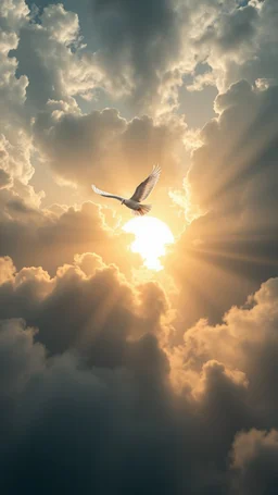 A huge white Dove flying above swirling clouds, emerges from the heart of a raging storm. Turbulent winds of steam swirl around the sun lit by shafts of sunlight that cast dramatic shadows on the A beautiful sun , High quality 16k cinematic scene and great photography