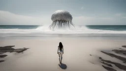 Wide-angle shot of a woman, standing on the right of a beach with huge waves, with dark hair in a silver robotic catsuit, many large Chrysaora quinquecirrha jellyfish floating high up in the air, masterpiece, best quality, super detailed