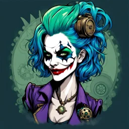 -shirt design, steampunk, art girl joker for style tattoos, blue green hair, with text "addie". Grafity style.