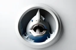 white,background,looking,through,a 3-d, hole,or,window,,a,seeing,shark