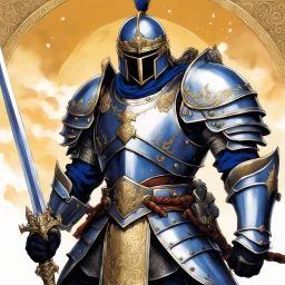 (in the style of Orion, by Masamune Shirow) a paladin knight with his plate armour and his two handed zweihander sword, ready for a blessing