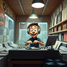3-d render cartoonish classic inside a dj vinyl record shop record store